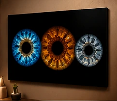 Three centered circular iris portraits in blue, amber, and silver